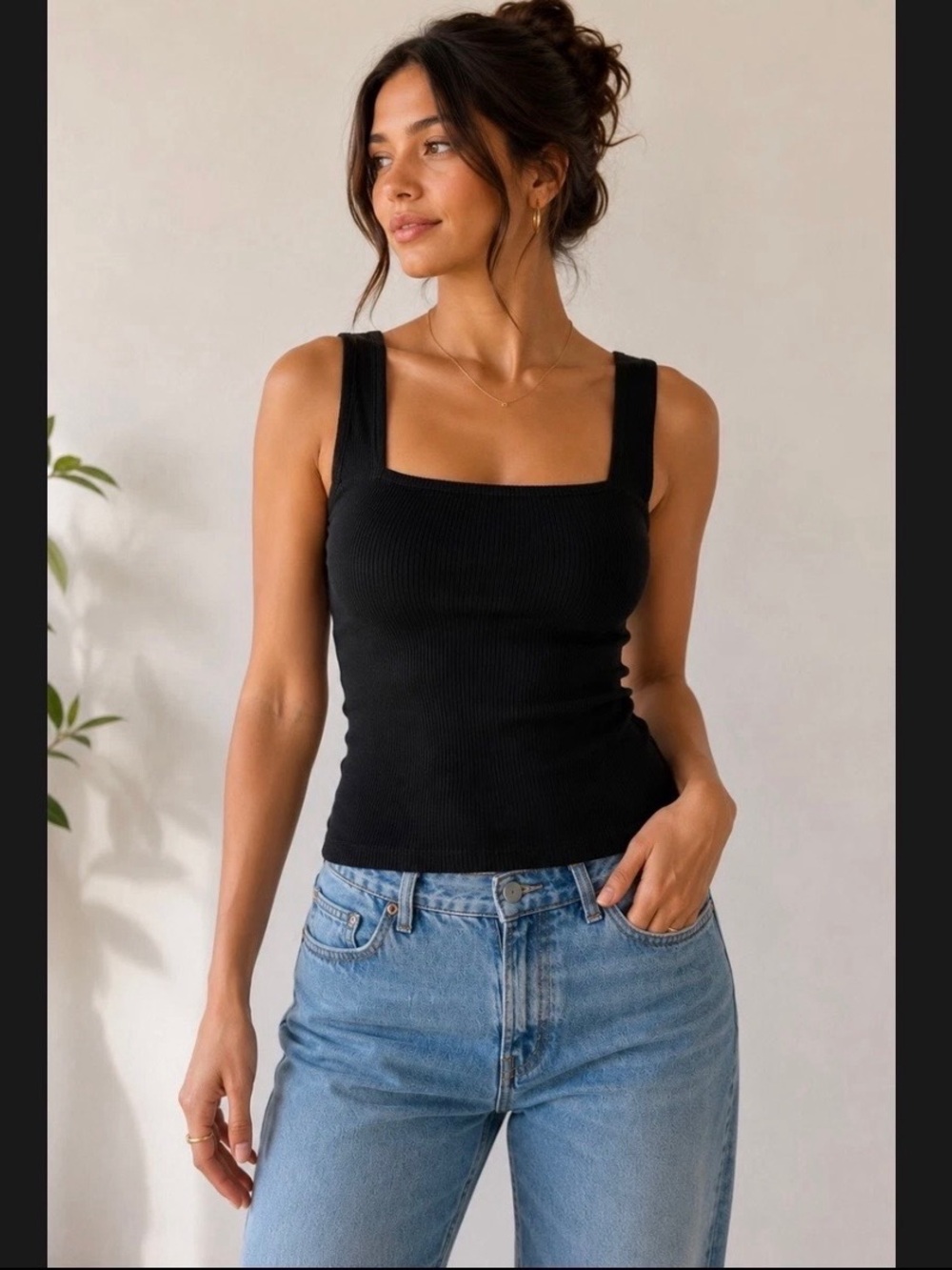 Reformation ribbed square neck tank top black size S